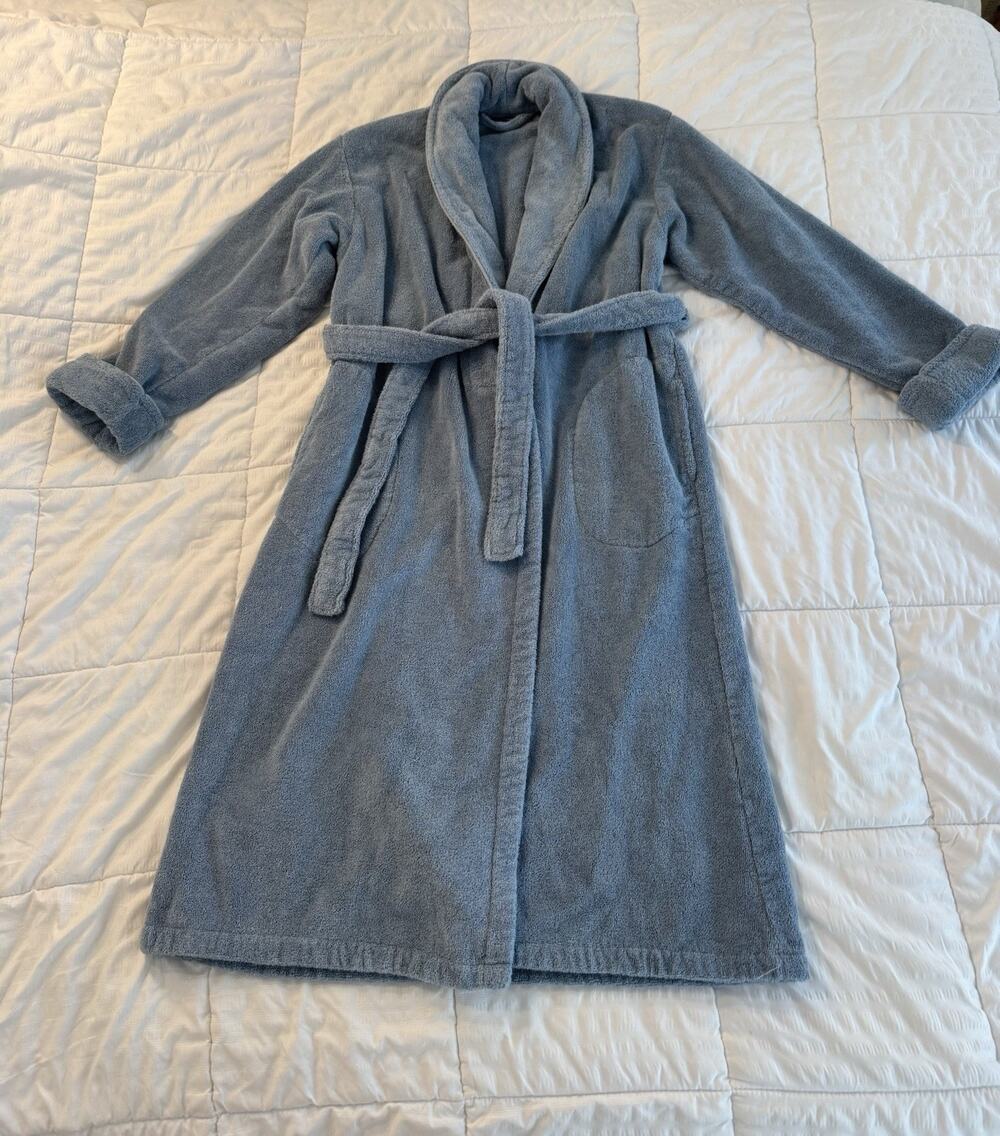 Brooklinen Super Plush Robe Blue Turkish Cotton Medium Pockets Collar Oversized